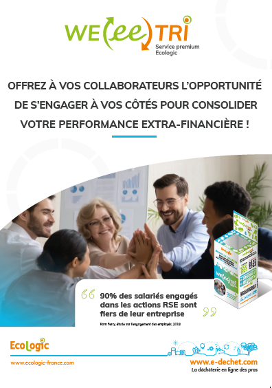 WEeeTRI : s’engager doublement et durablement !Des box pour collecter les appareils électriques usagésdu bureau ou de la maisonDes bénéfices directs à exploiterdans votre rapport RSE ou DPEF*Plus d'informations : 01 76 52 00 00 - weeetri@ecologic-france.com