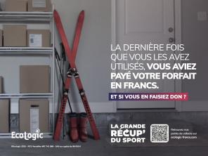 Pour encourager le don et la collecte des équipements de sport et de loisirs inutilisés, Ecologic met à disposition un kit de communication dédié à l’opération La Grande Récup’ du Sport.
Cette campagne sensibilise le grand public à la seconde vie des équipements sportifs. À travers un message simple et évocateur — « La dernière fois que vous les avez utilisés, vous aviez payé votre forfait en francs » — elle invite chacun à se demander s’il ne serait pas temps de donner son matériel plutôt que de le laisser inutilisé.  
Le kit comprend plusieurs supports prêts à l’emploi permettant de relayer l’opération sur différents canaux : affiches, visuels digitaux, encarts presse, emailing et vidéo. Ces éléments peuvent être utilisés par les partenaires pour promouvoir les points de collecte Ecologic et encourager le don d’équipements sportifs.  
Objectif : mobiliser les citoyens autour du réemploi et de la collecte des articles de sport et de loisirs, afin de favoriser leur réutilisation, leur réparation ou leur recyclage dans la filière ASL.