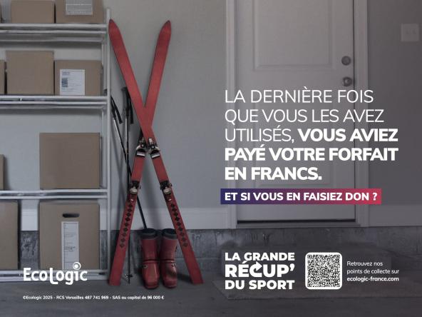 Pour encourager le don et la collecte des équipements de sport et de loisirs inutilisés, Ecologic met à disposition un kit de communication dédié à l’opération La Grande Récup’ du Sport.
Cette campagne sensibilise le grand public à la seconde vie des équipements sportifs. À travers un message simple et évocateur — « La dernière fois que vous les avez utilisés, vous aviez payé votre forfait en francs » — elle invite chacun à se demander s’il ne serait pas temps de donner son matériel plutôt que de le laisser inutilisé.  
Le kit comprend plusieurs supports prêts à l’emploi permettant de relayer l’opération sur différents canaux : affiches, visuels digitaux, encarts presse, emailing et vidéo. Ces éléments peuvent être utilisés par les partenaires pour promouvoir les points de collecte Ecologic et encourager le don d’équipements sportifs.  
Objectif : mobiliser les citoyens autour du réemploi et de la collecte des articles de sport et de loisirs, afin de favoriser leur réutilisation, leur réparation ou leur recyclage dans la filière ASL.