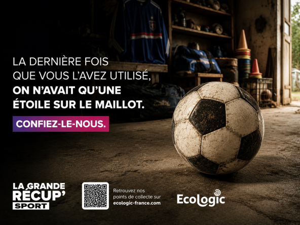 Retrouvez l’ensemble des supports de communication pour promouvoir la collecte des équipements de football en fin de vie dans le cadre de la Grande Récup (ballons, chaussures, maillots, protège-tibias, filets, etc.).
Le kit inclut :

Notice d’utilisation détaillée pour personnaliser les visuels via Canva
Affiches A3 (versions générique et personnalisable)
Encarts presse (demi-page et pleine page)
Bannière et visuels carrousel pour réseaux sociaux
Vidéo de campagne

Slogan : « La dernière fois que vous l’avez utilisé, on n’avait qu’une étoile sur le maillot. »